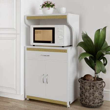 Lavish Home Microwave Stand with Storage – Rolling White Cabinet with Locking Wheels  White and Oak