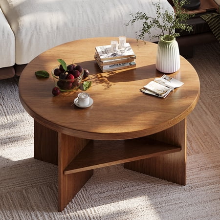 Gelloan 31.5" Modern Coffee Table,Round Coffee Table,Double-layer Coffee Table with Sturdy Pedestal for Apartment,Living Room,Bedroom,Walnut