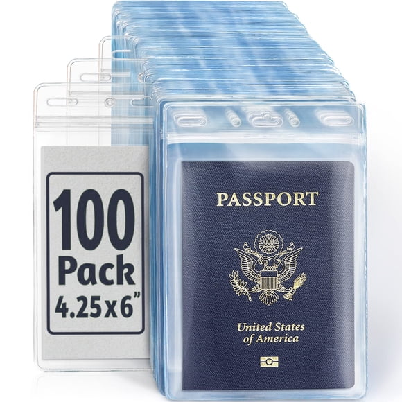 EcoEarth Porte-Passeport et Carte 4x6 Pouces avec Bord Souple (Transparent, 100 PK) - Très Grand (TTG) Porte-Identité Vertical - Porte-Cartes d'Identification Refermable et Étanche