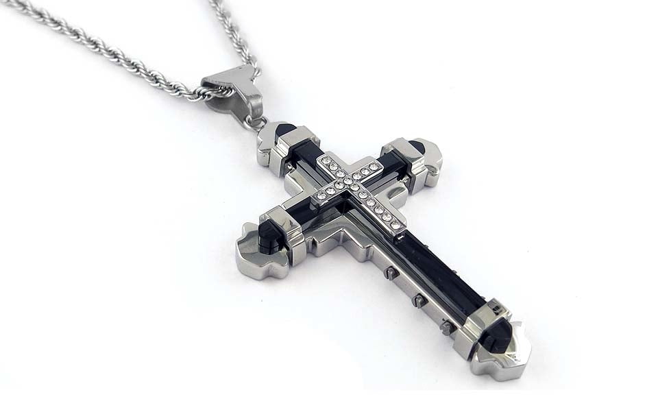 Men's Black ion Plated 2 Tone CZ Cross 