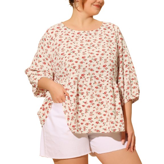 Unique Bargains Women's Plus Size Top 3/4 Sleeve Cut Out Floral Blouses 1X White