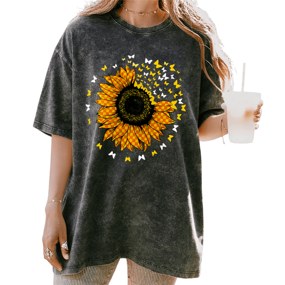 UNISHE Women's Acid Wash Checkered Sunflower Butterfly Graphic Oversized Short Sleeve T-Shirt Casual Crewneck Boho Tee
