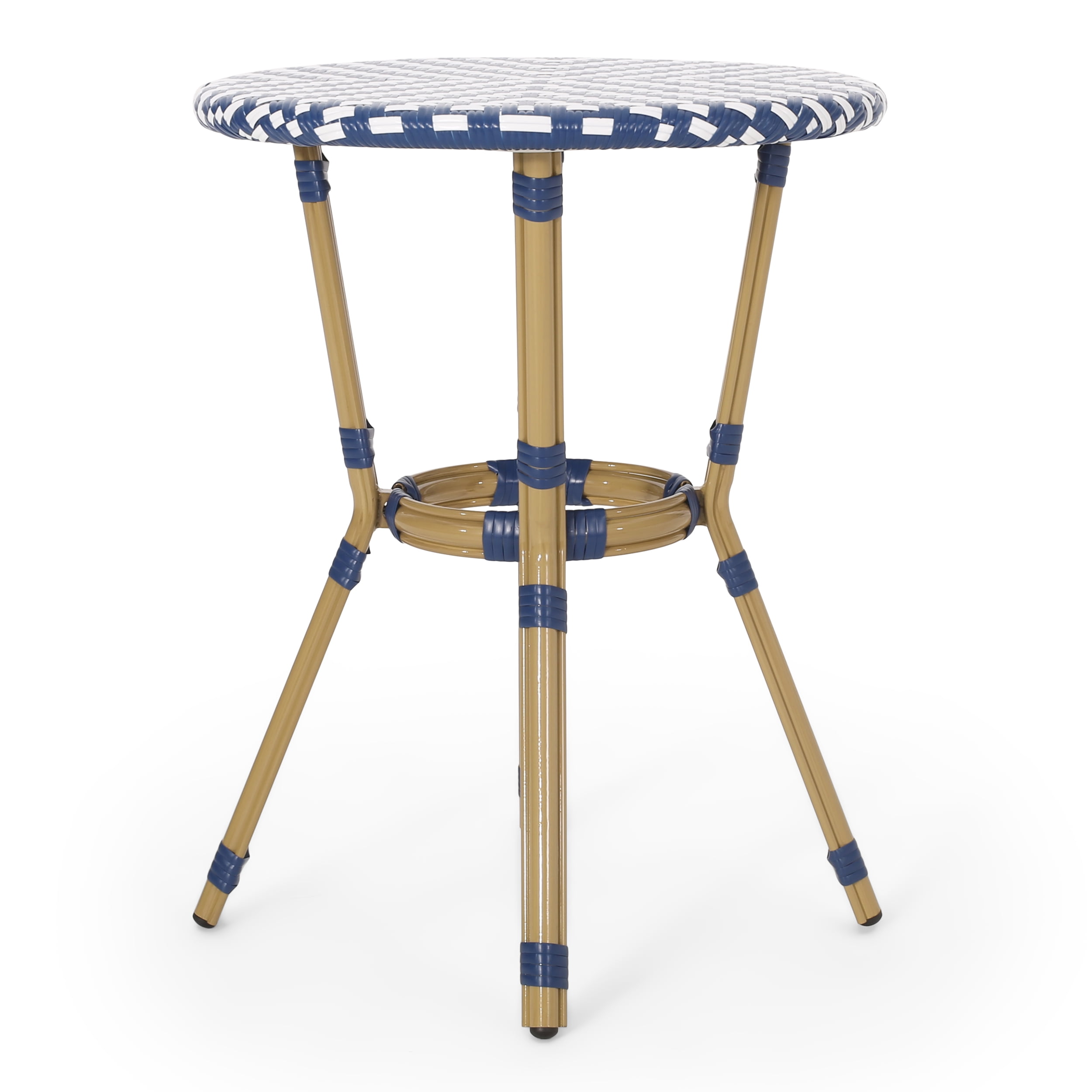 Noble House Groveport Outdoor 21.75" French Round Aluminum Bistro Table with Tabletop, White/Navy Blue