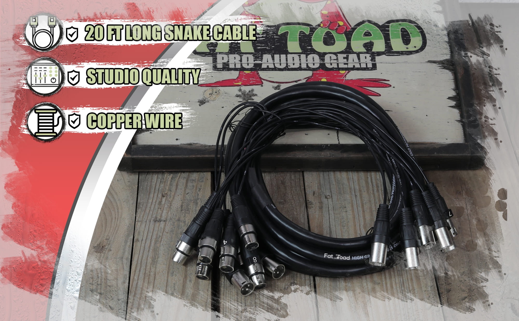 XLR Snake Cable (8 Channels) 20 FT by Fat Toad Patch Studio, Stage, Live Sound Recording Multicore Cords Pro Audio Shielded Female to Male Microphone Cables for DJ Digital Mixers or PA Amplifiers