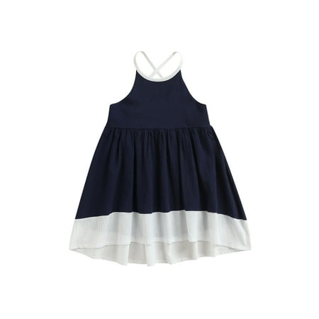 

Canrulo Toddler Baby Girls Summer Casual Dress Splicing Color Spaghetti Strap Sleeveless One-Piece Dresses Navy Blue 4-5 Years