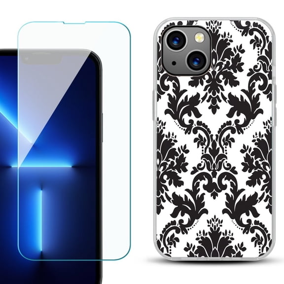 Slim-Fit TPU Phone Case for iPhone 14 Plus, with Tempered Glass Screen Protector, by OneToughShield ® - Victorian White/Black