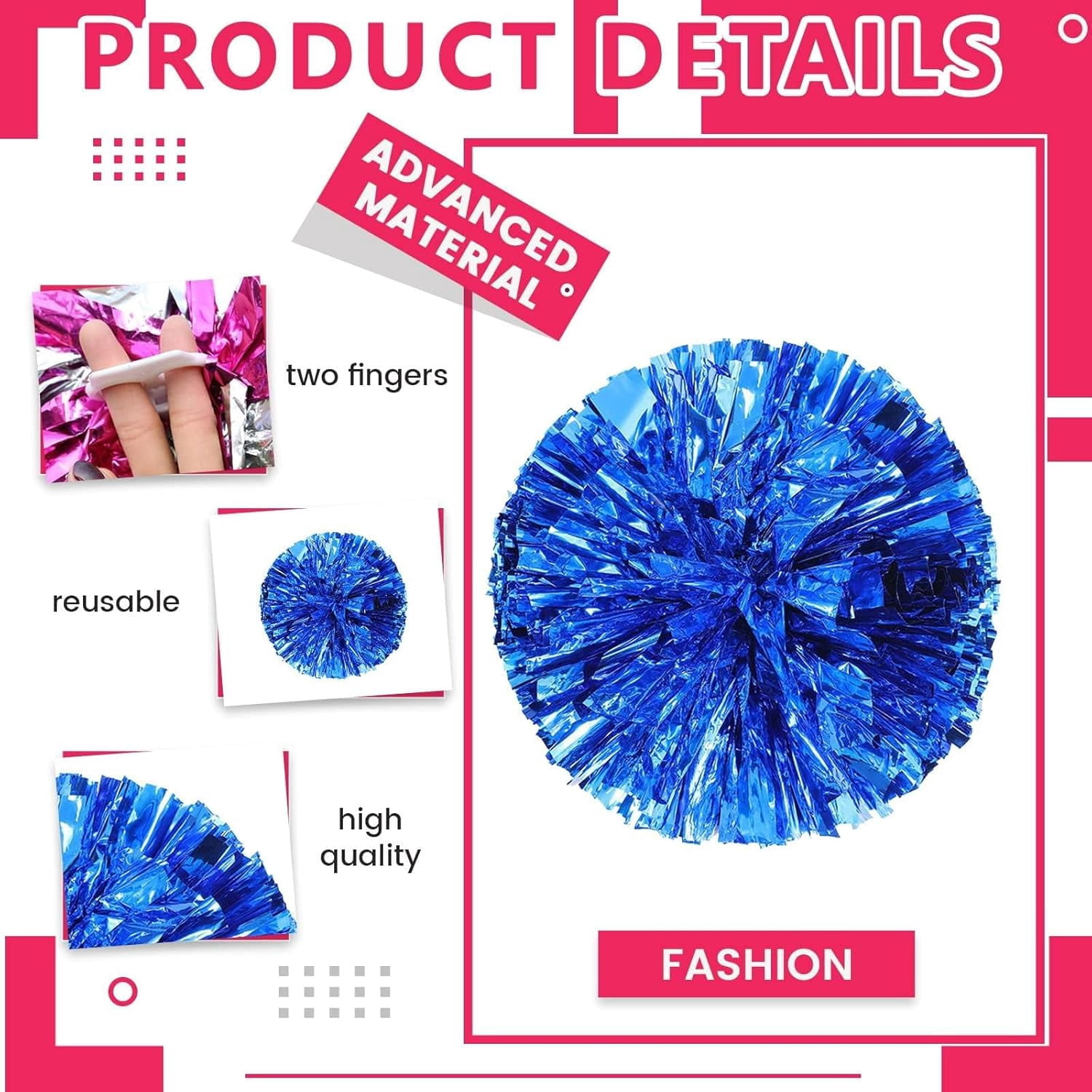 Zhangyh Pom Poms Cheerleading,Fluffy Cheerleader Pompoms with Finger Ring Handle,Metallic Pom Poms Cheerleading for Celebration (Blue, 4 Pack)