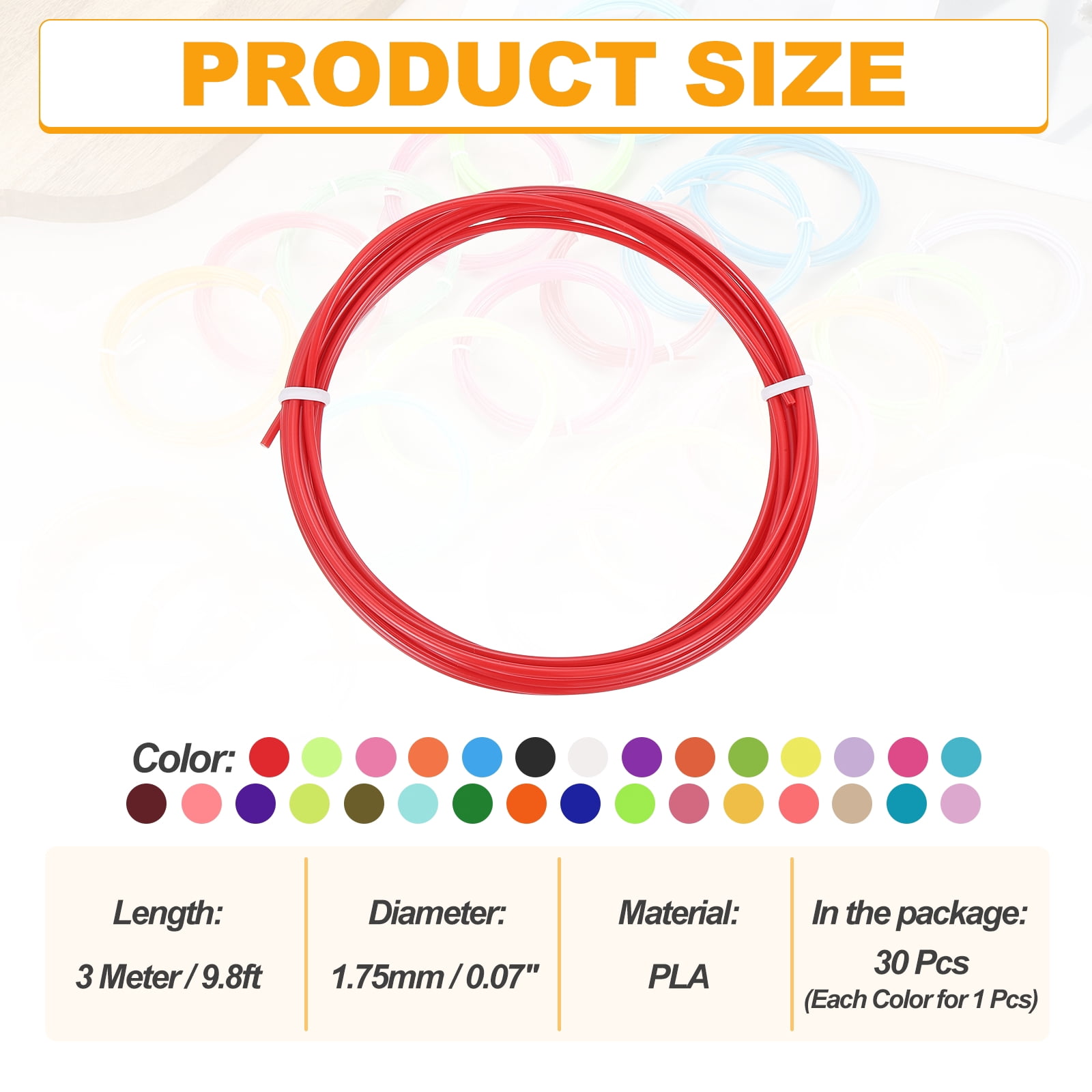 Uxcell 30 Pcs 3D Pen Filament, 1.75mm Dia 9.8ft Length PLA 3D Printing Pen Filament Refills for 1.75mm 3D Printing Pen, 30 Colors