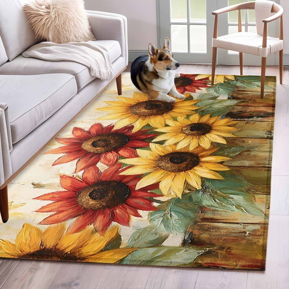 Vintage Sunflowers Area Rug 4x6 Washable Rug Non Slip Summer Farmhouse Wooden Country Floral Large Area Rug Indoor Floor Carpet for Entryway Bedroom Kitchen Living Room Home Office Dining Room