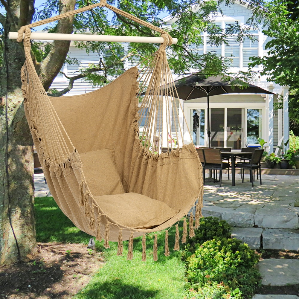 Extra Large Hammock Chair, Relax Hanging Rope Swing Chair with Two Seat Cushions, Soft Cotton Hammock Chair Swing Seat for Yard Bedroom Patio Porch Deck Indoor Outdoor - Coffee, B1887