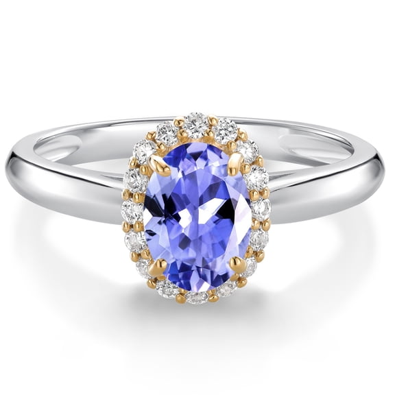 Gem Stone King 925 Sterling Silver and 10k Yellow Gold Blue Tanzanite and White Lab Grown Diamond Halo Engagement Ring for Women (0.88 Cttw, Gemstone December Birthstone, Oval 7X5MM, Size 5)
