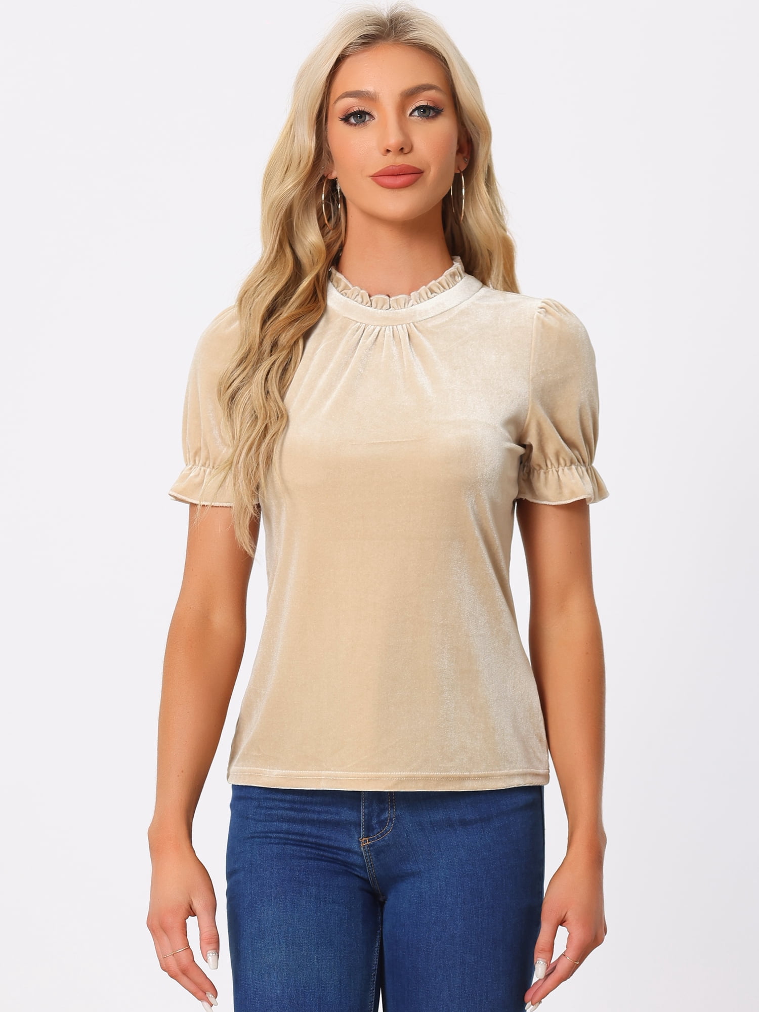 DARING DIVA Women's Ruffle Collar Shirt Velvet Tops Blouse M Khaki