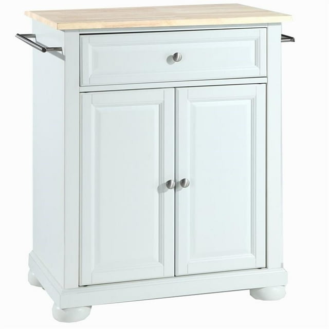 Pemberly Row Natural Wood Top Portable Kitchen Island in White