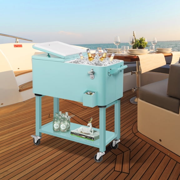 BAYUELSWU 80 QT Patio Cooler Rolling Cooler Ice Chest with Wheels, Square Ice Cooler Carts with Shelf & Bottle Opener Portable for Outdoor Indoor Patio Party Camping (Mint)