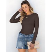ANRABESS Long Sleeve Shirts for Women Ribbed Knit Slim Fit Basic Tops Crewneck Tees Spring Fall Casual Underscrubs Layer Clothes Brown Medium