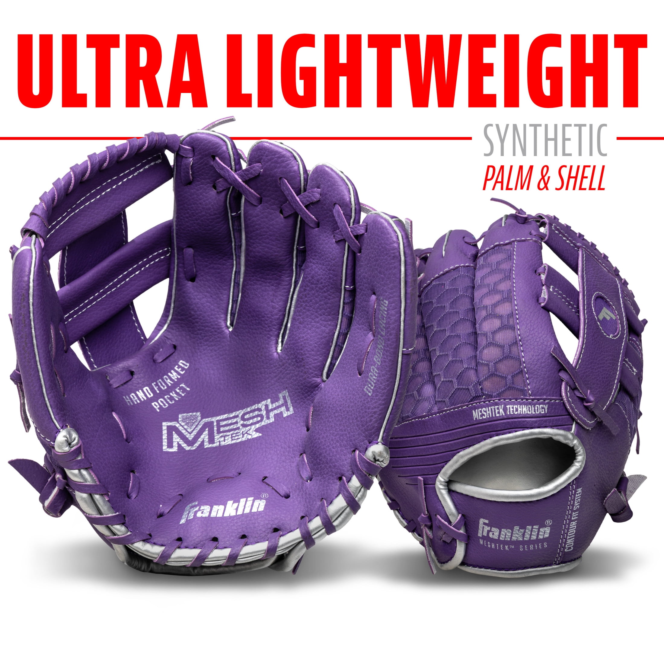 Franklin Sports Meshtek Kids Teeball Glove + Ball Set, 9.5 in, Purple/Silver, Right Hand Throw