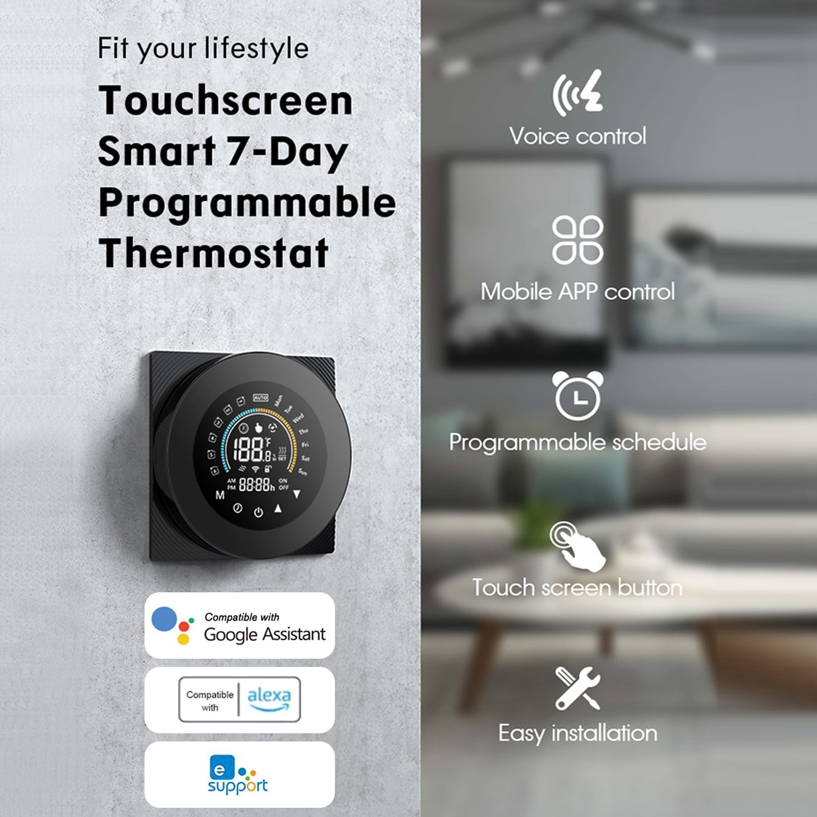 WiFi Smart Heat Pump Room Thermostat Temperature Controller 4.8 Inch Color  LCD Screen Programmable Touch Control/ Mobile APP/ Voice Control Compatible  with Alexa/Google Home for Home Office Hotel 