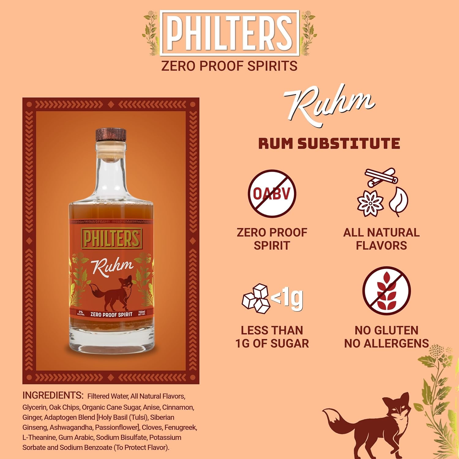 Philters Non-Alcoholic Ruhm, Zero Proof Rum Spirit, Alternative Drink, Natural Flavors, 25 Fl Oz