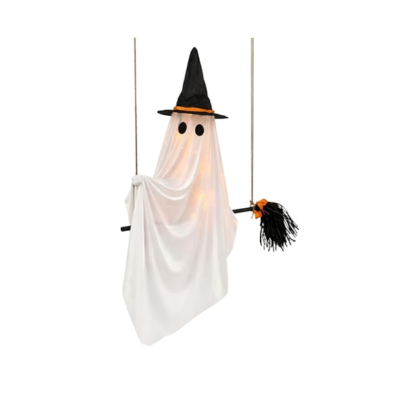 Clearance!!!Hanging Ghost Decor,Early Halloween Decorations Light-Up Flying Ghost on Broomstick with Witch Hat, Witch Broom, Spooky Cute Outdoor Halloween Decorations for Front Porch Yard Tree