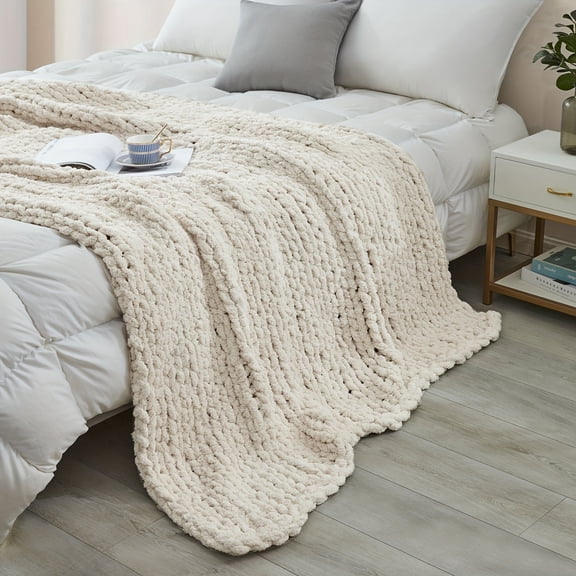 Chunky Knit Blanket Throw, Luxury Soft Cozy Chenille Throw Blanket, For Couch, Bed, Home Decor, Office, And Travel