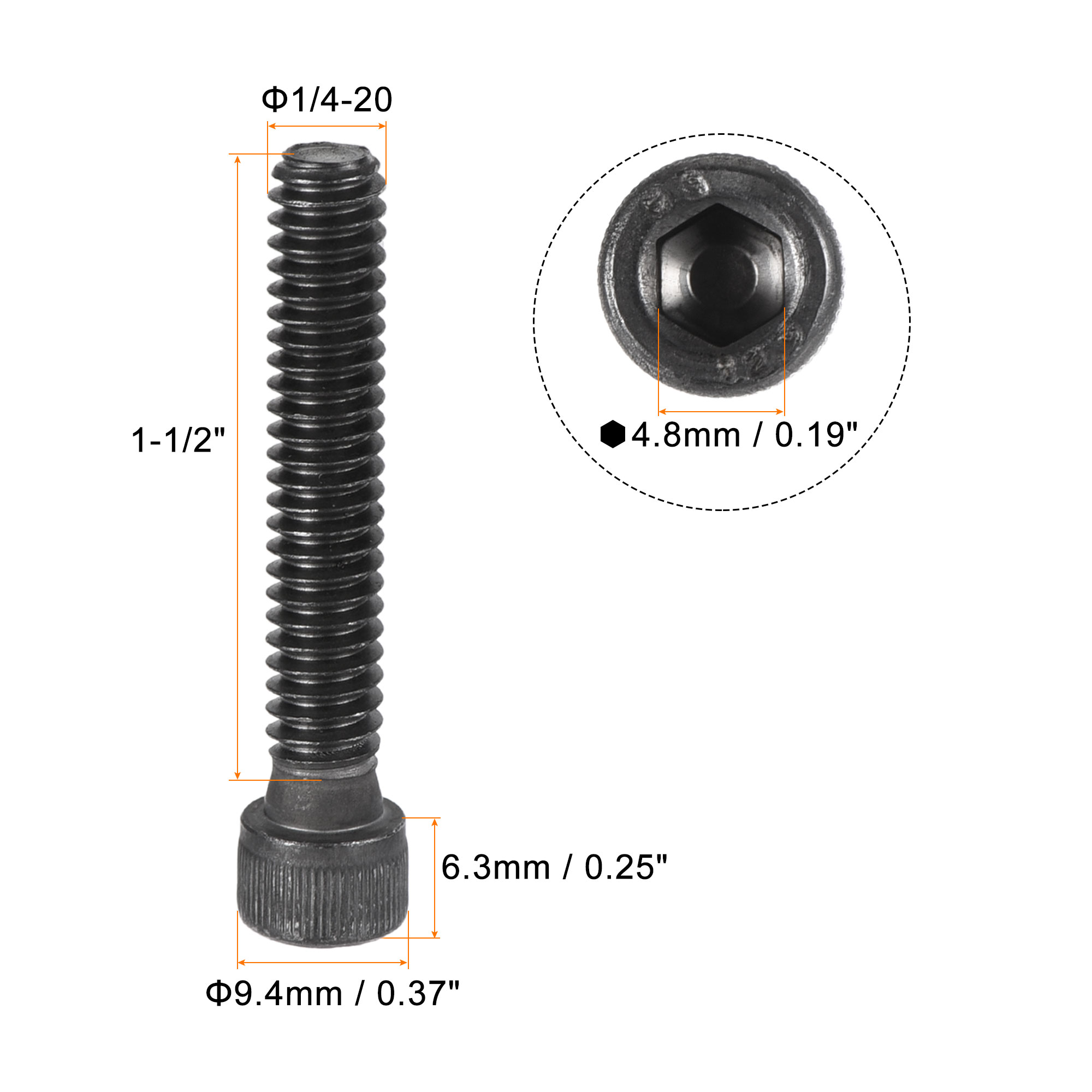 1/4-20x1-1/2" Hex Socket Bolts 12.9 Grade Alloy Steel Black Oxide 25 Pack - image 2 of 5