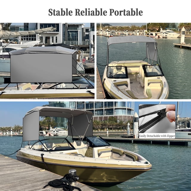 4 Bow Bimini Top Boat Cover, 1" Aluminum Alloy Frame Bimini Top with 2 Adjustable Rear, Zippered Storage Boot, PU Coating Canvas