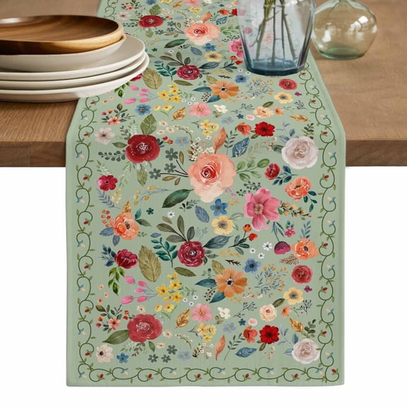 Sage Green Floral Table Runner, Spring Flowers Leaves Farmhouse Washable Cotton Linen Table Runners 60 Inches Long, Dresser Scarf Runner for Coffee/TV Stands/Kitchen/Cabinets 13''x60''