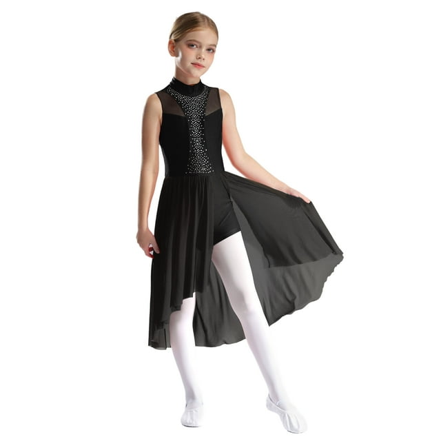RUNQHUI Robe de Danse Ballet à Sequins pour Filles, Robe de Patinage Artistique Sans Manches Ourlet Irrégulier en Maille Noire 8