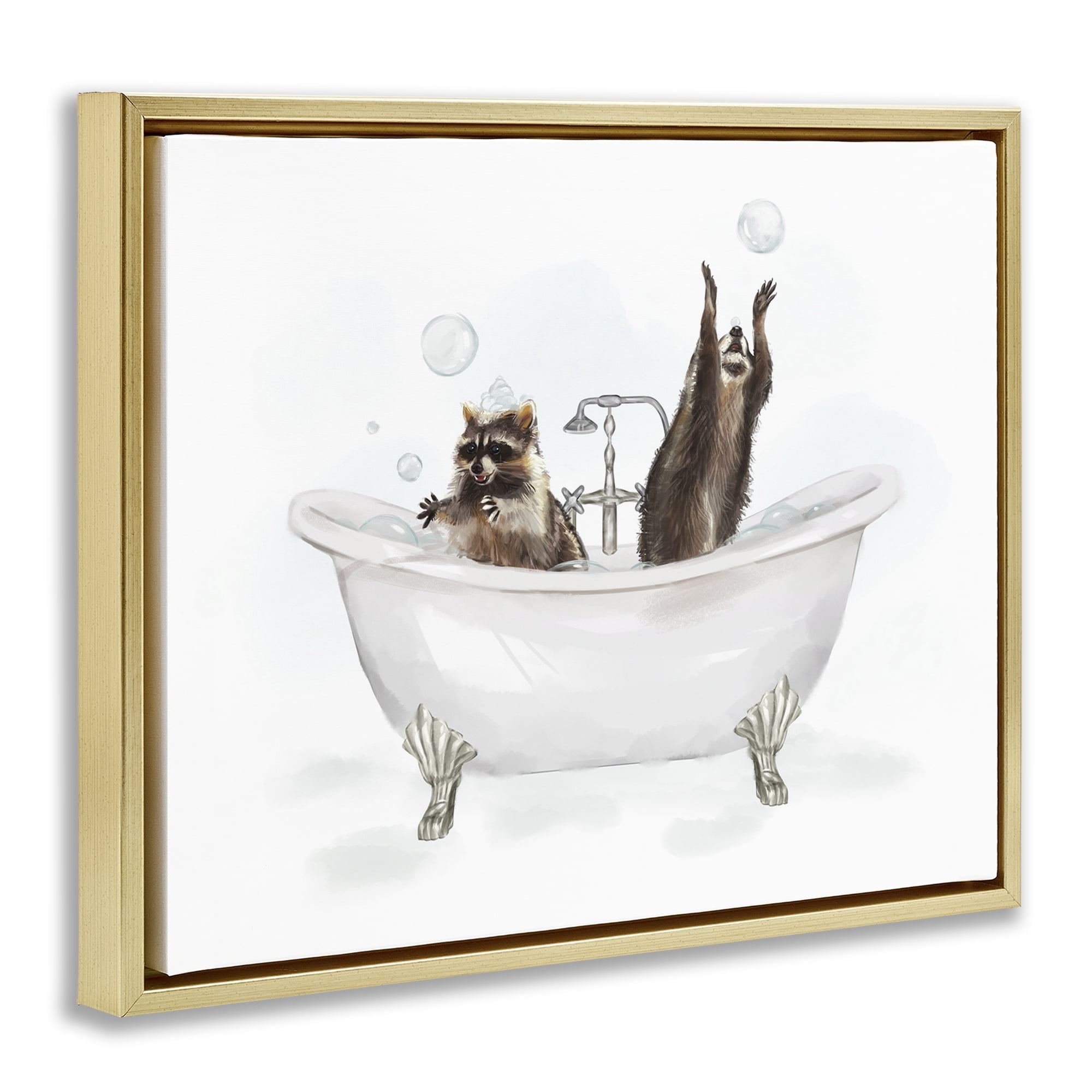 Stupell Industries Raccoons Catching Bubbles Typography Painting Gold Floater Framed Canvas Art Print Wall Art, 21 x 17