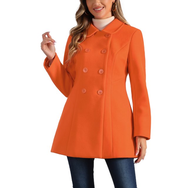 Abrigo largo de invierno de doble botonadura con cuello Peter Pan para mujer Inspire Chic en color naranja, talla XS