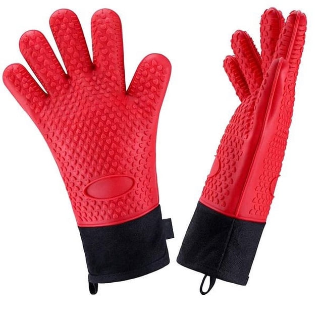 1 par de manoplas para parrilla de horno resistentes al calor, accesorios largos antideslizantes e impermeables para guantes de barbacoa para hombres y mujeres, agarraderas de silicona negras, rojo