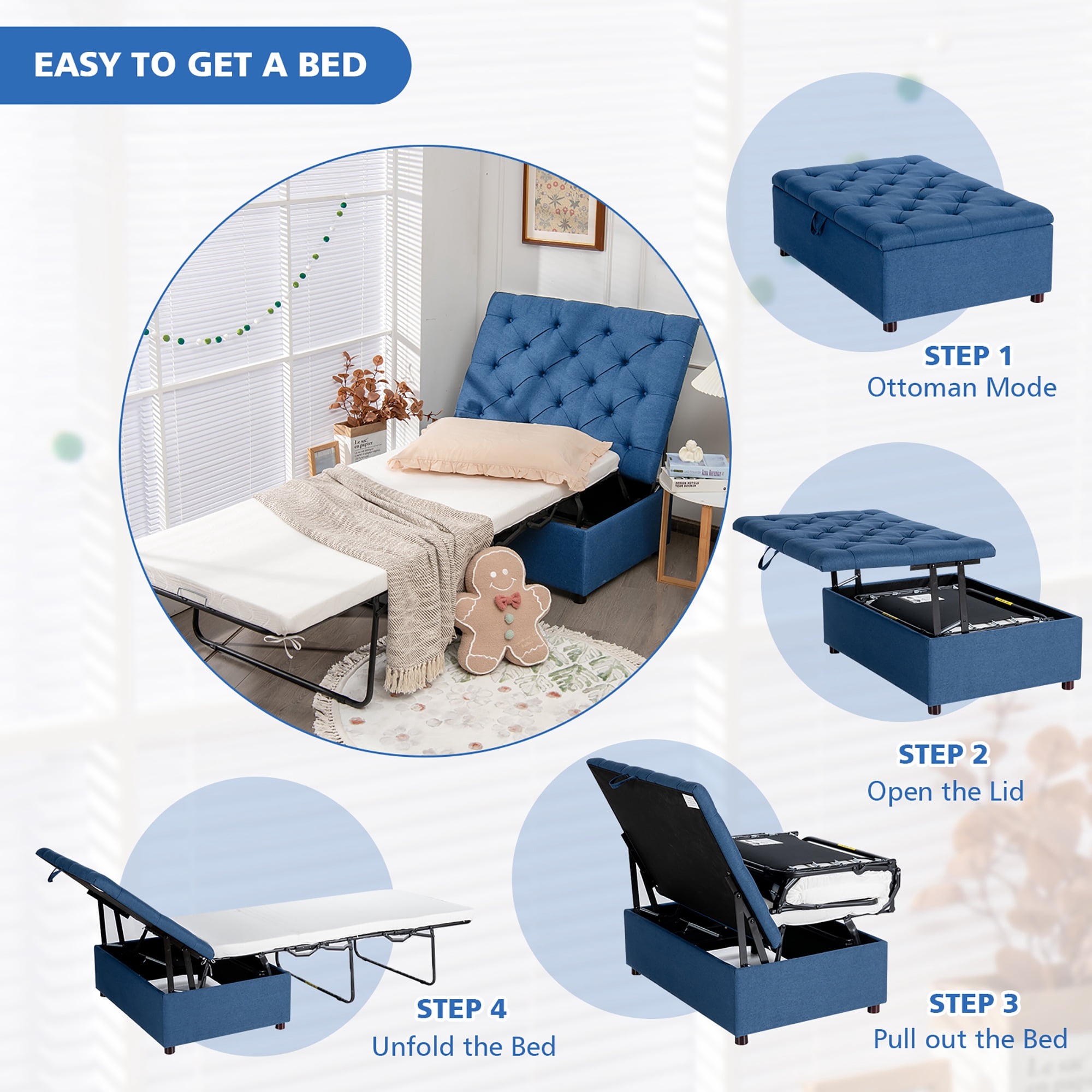 Costway Folding Ottoman Sleeper Bed with Mattress Convertible Guest Bed Blue