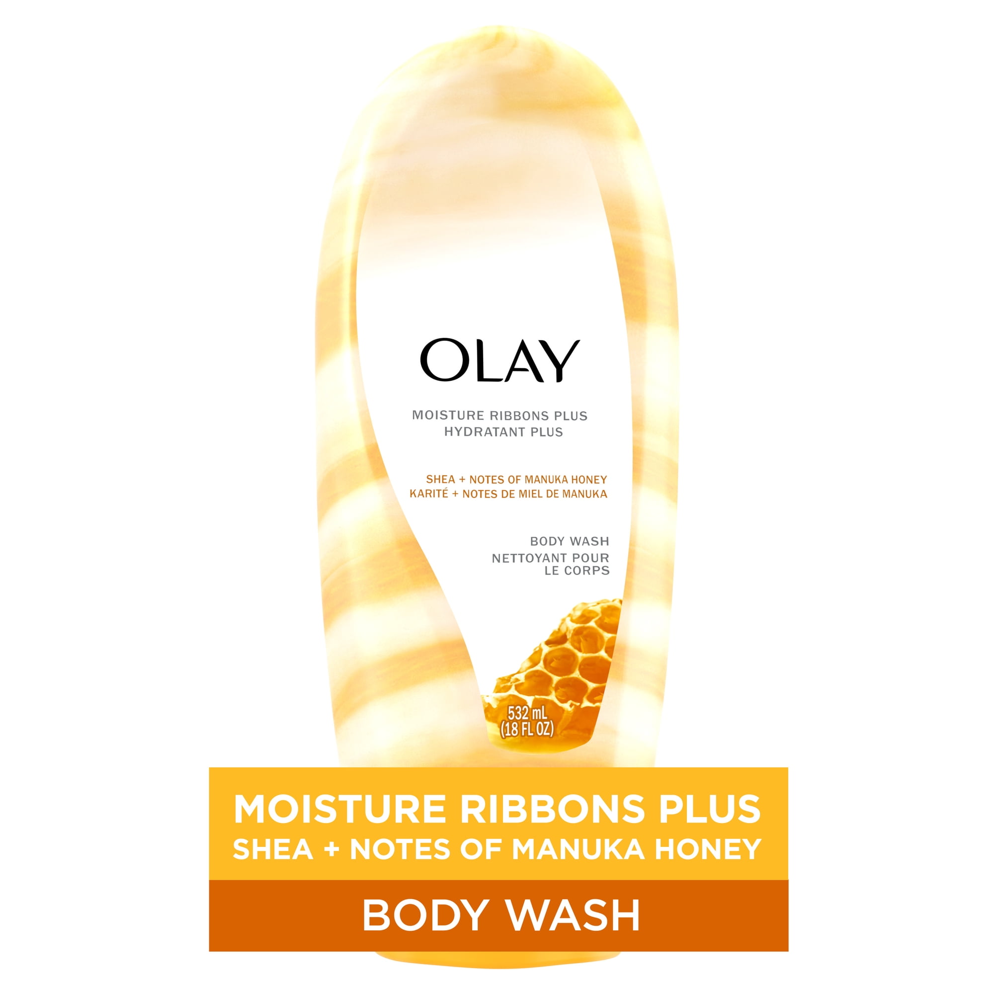 Olay Body Wash, Moisture Ribbons Plus Shea and Manuka Honey, for All Skin Types, 18 fl oz