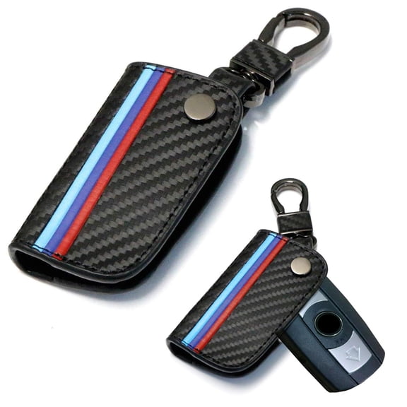 Iconic 3-Color Stripe Black Carbon Fiber Pattern Leather Key Holder with Keychain For BMW Remote Fob (Older 1 3 5 6 Series X5 X6 Z4)