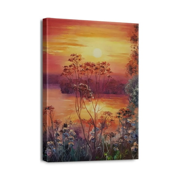 Peinture à l'Huile Vintage Esthétique 12x16 d'Une Forêt Coucher de Soleil & Nuages, Impression d'Art Mural pour Décoration Chic Maison Bureau