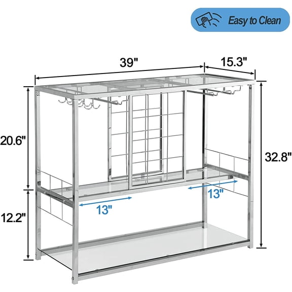 Wine Rack Table with Glass Holder, 3-Tier with Temered Glass Shelves, Modern Liquor Cabinet with Storage for Wine Bar, Living Room, Kitchen and Dining Room (Silver Finish)
