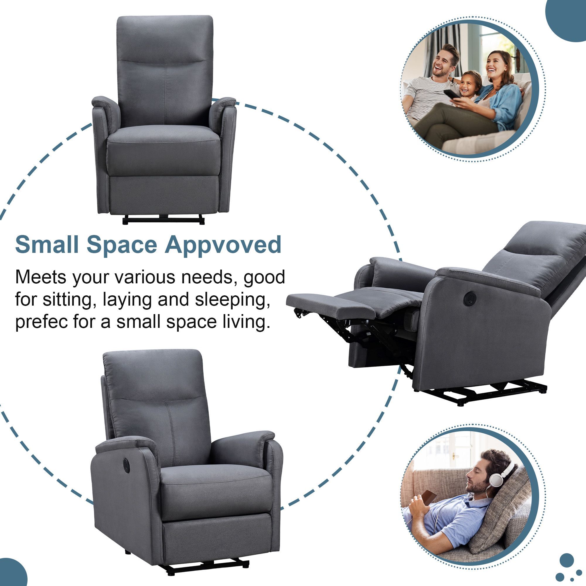 DEALTOPS Power Recliner Chair with USB Ports, Recliner Single Chair with Adjustable Footrest, Gray