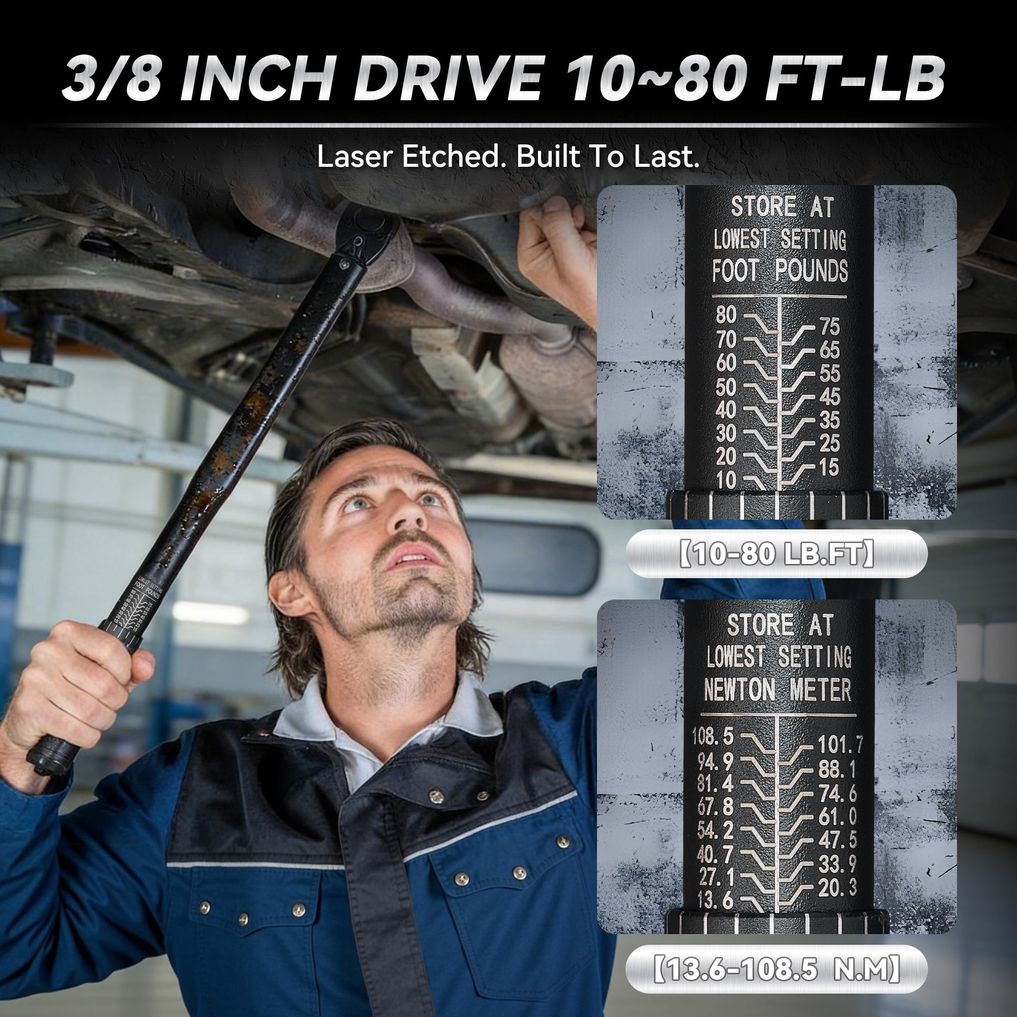 Heavy Duty 3/8-inch Drive Click Torque Wrench 10-80 ft.lb/13.6-108.5 Nm, Dual Range Scales, Includes Adapters and Extension Rod