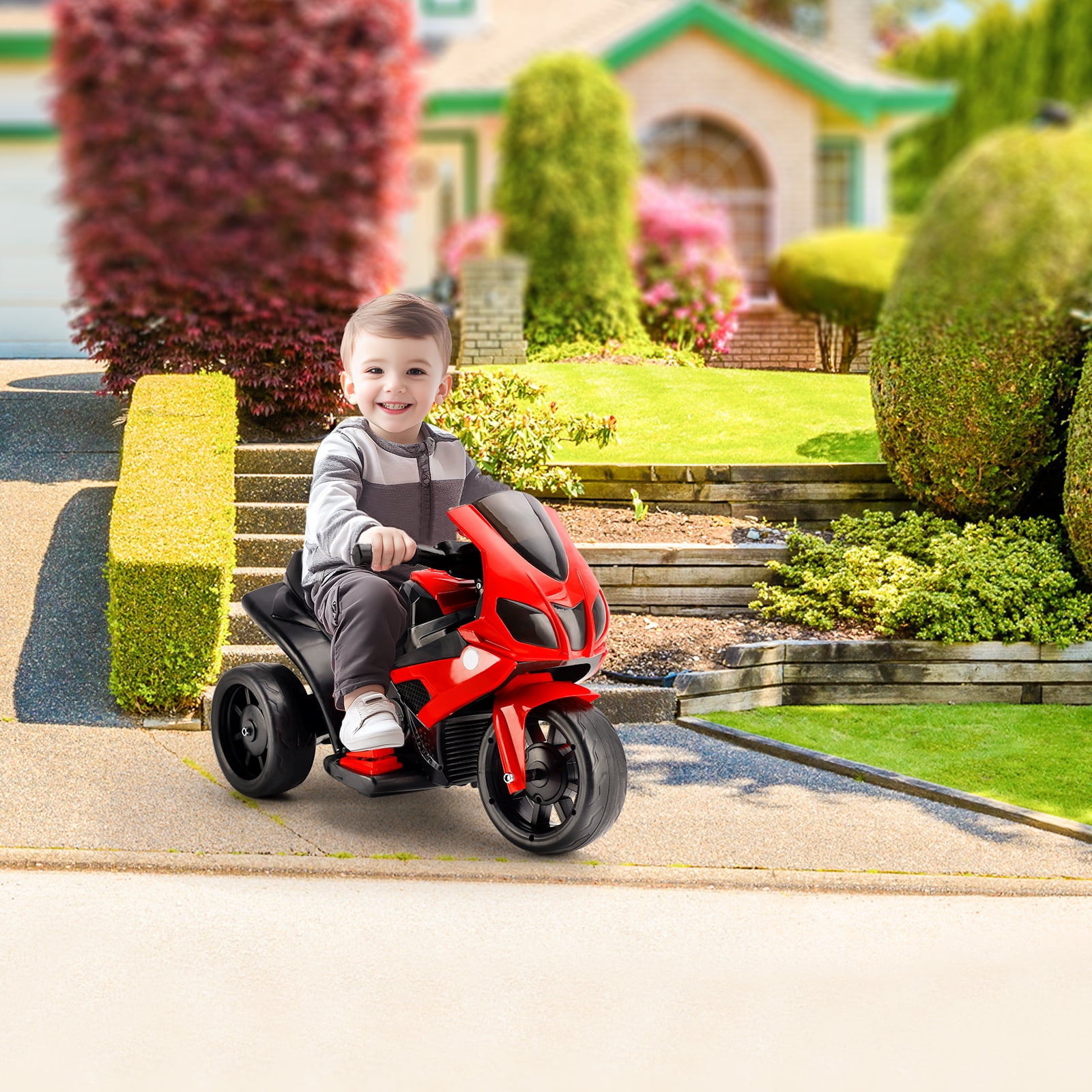 Bruce&Shark Kids Ride on Motorcycle Toy, Electric Dirtbike Three Wheels Bike with Remote Control, Music and Headlight for Toddler, Red Stroller Substitute Vehicles