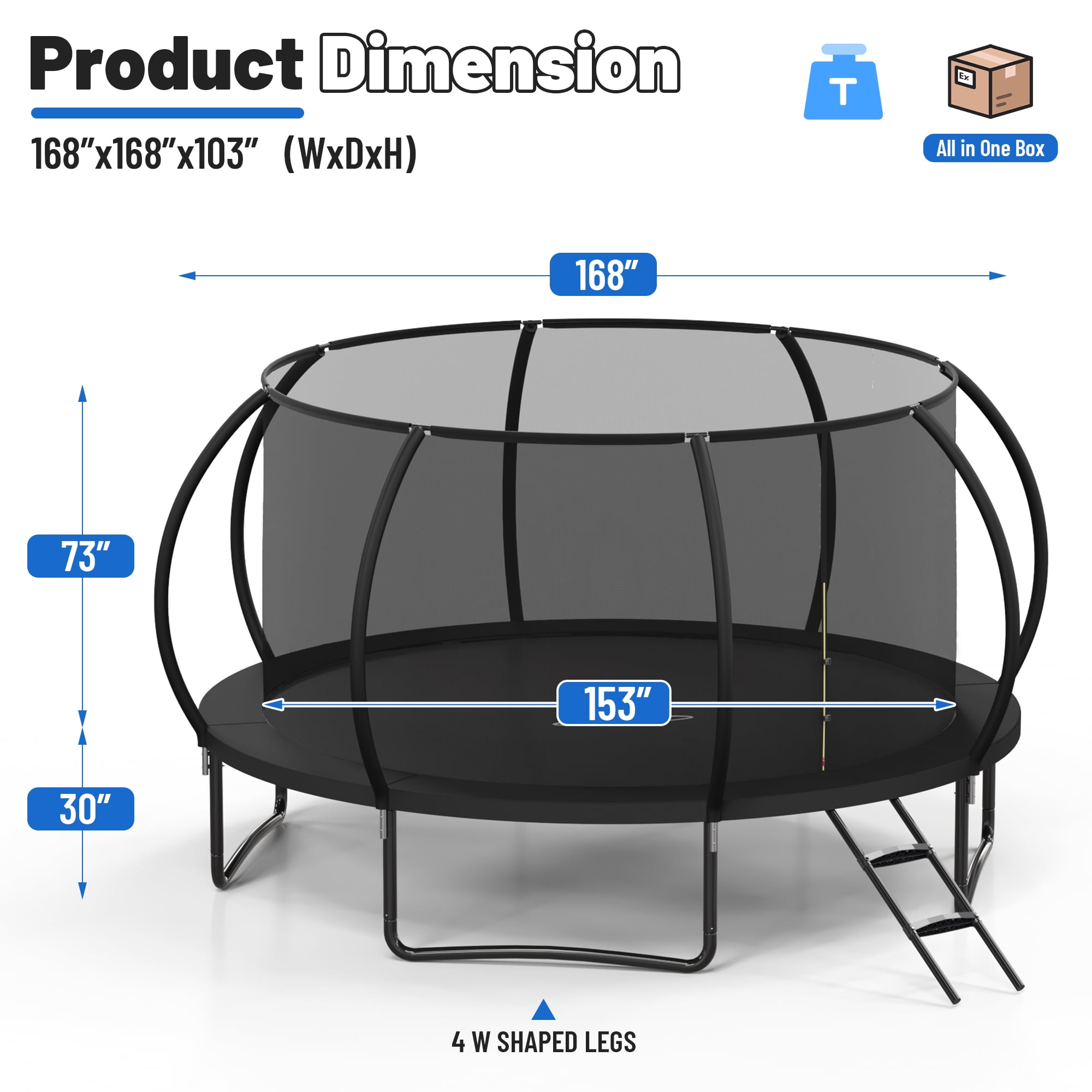 Betisef 14 FT Recreational Trampoline W/ Safety Enclosure Net – Indoor & Outdoor Use, Round Trampoline For Kids Black