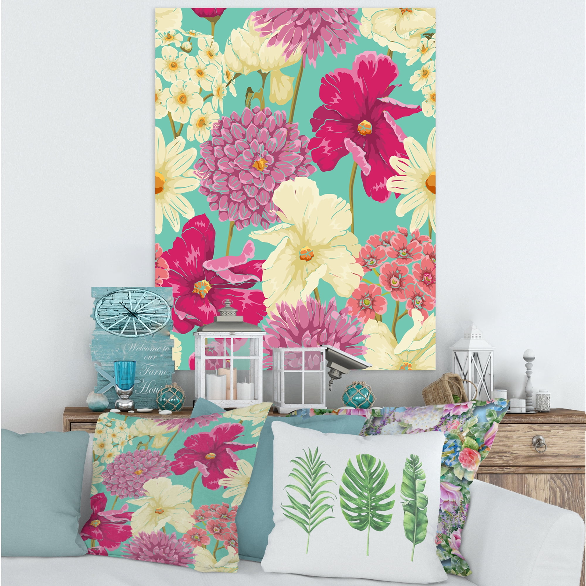 Designart ' Vintage Yellow and Pink Flowers ' Traditional Canvas Wall Art Print