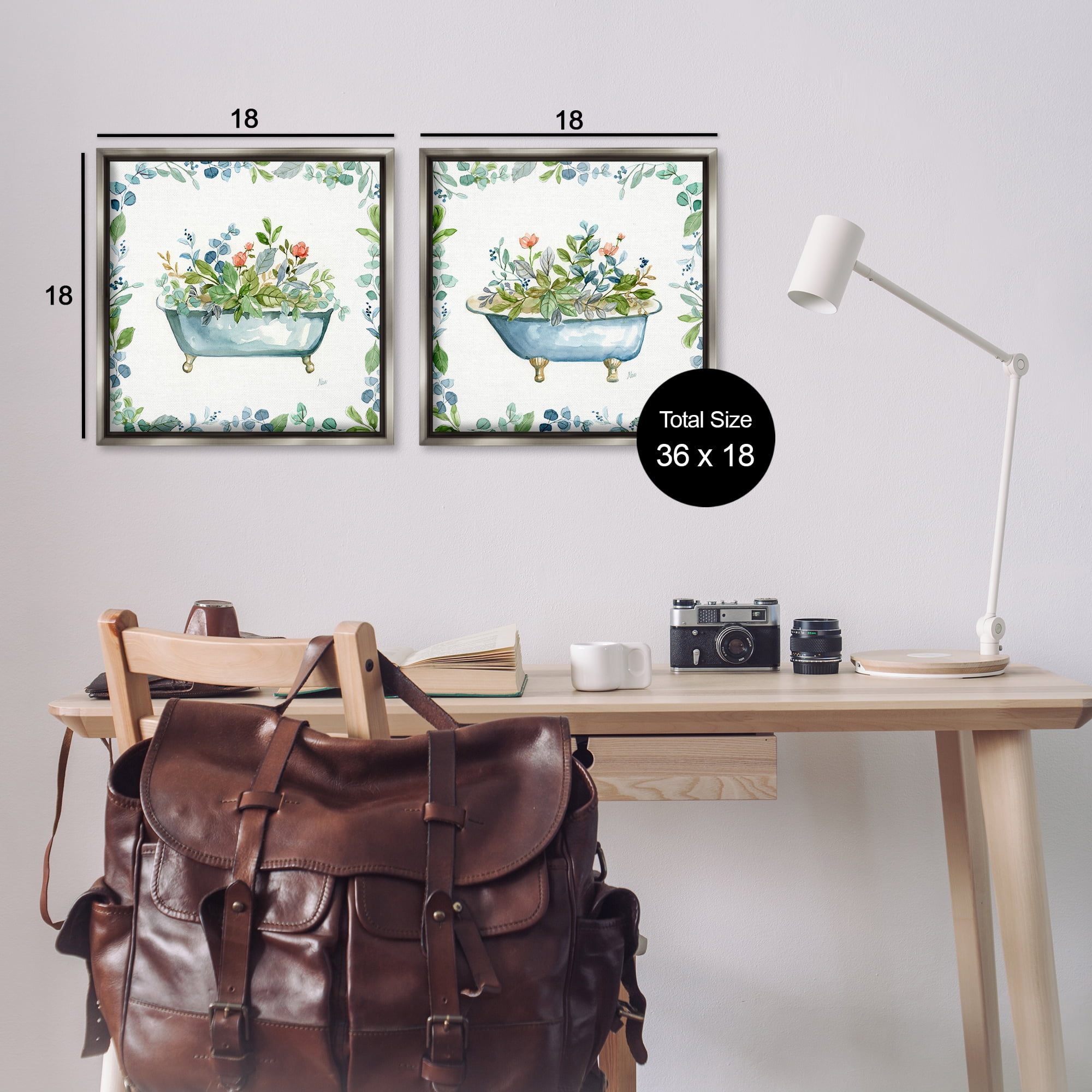 Stupell Industries Charming Flower Filled Tub Bath & Laundry Painting Gray Floater Framed Canvas Art Print Wall Art, 18 x 18, Set of 2