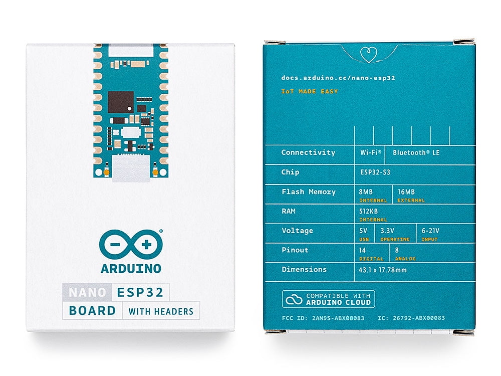 Arduino ABX00083 Nano ESP32 w/ headers ESP32-S3,USB-C, Wi-Fi,Bluetooth,HID Support, MicroPython Compatible