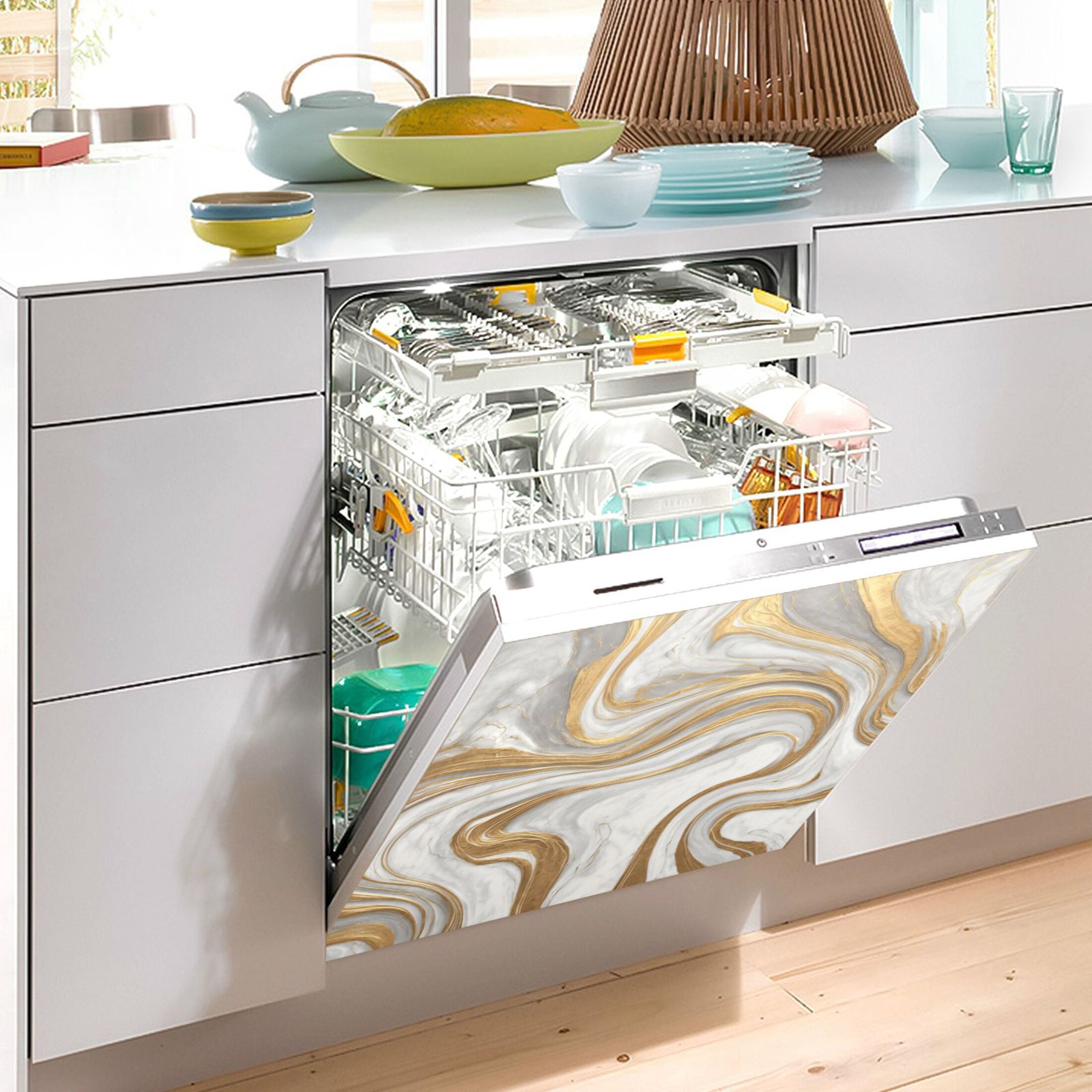 Dishwasher Magnetic Refrigerator Magnet Cover Sticker Home Decorative 23"x26" Gold and White Marble