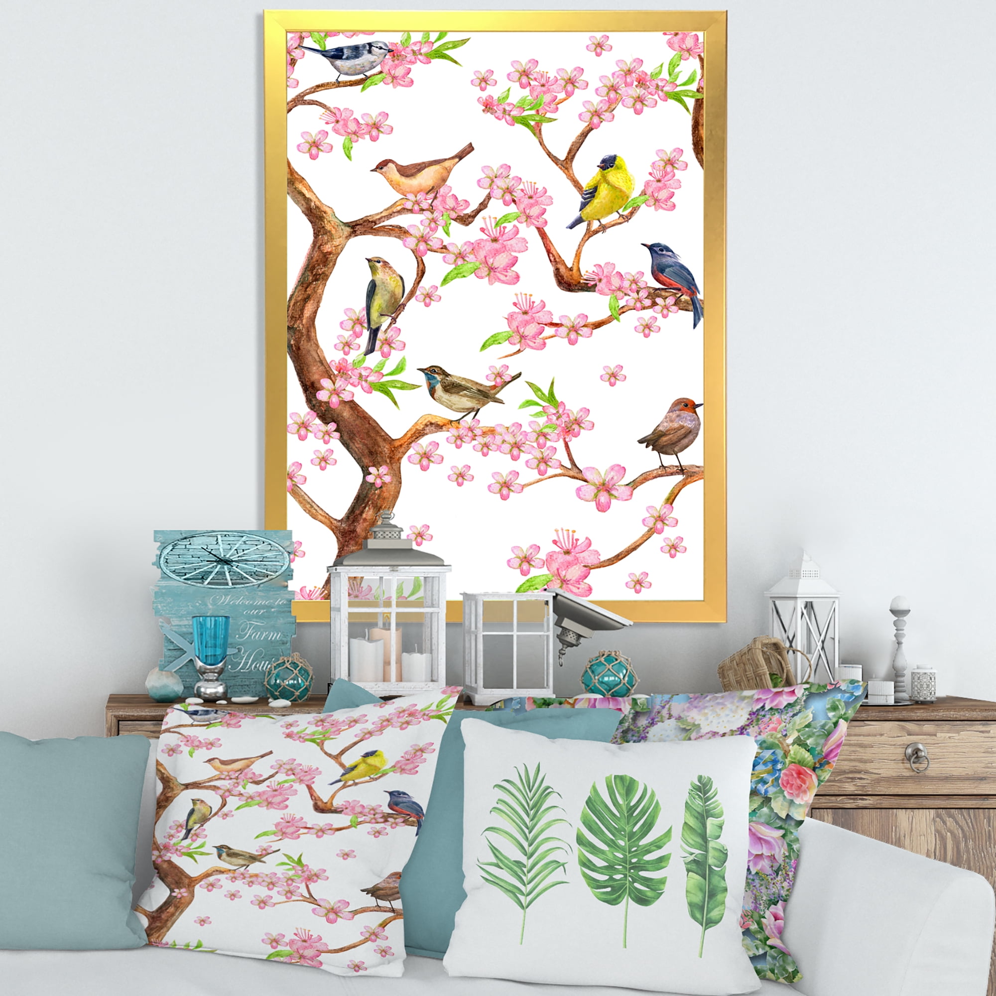 Colorful Little Birds On Spring Flowers Tree 16 in x 32 in Framed Painting Canvas Art Print, by Designart