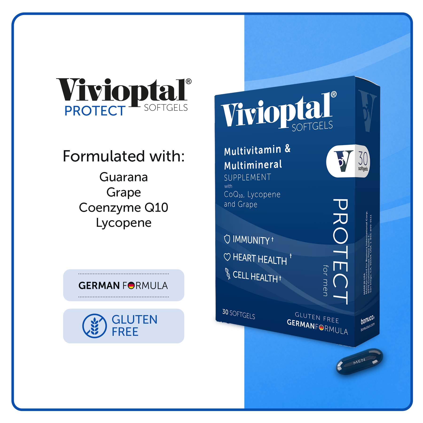 Vivioptal For Men, 30 Capsules, CoQ10, Lycopene & Resveratrol, Multivitamin & Multimineral, Gluten Free, German Formula