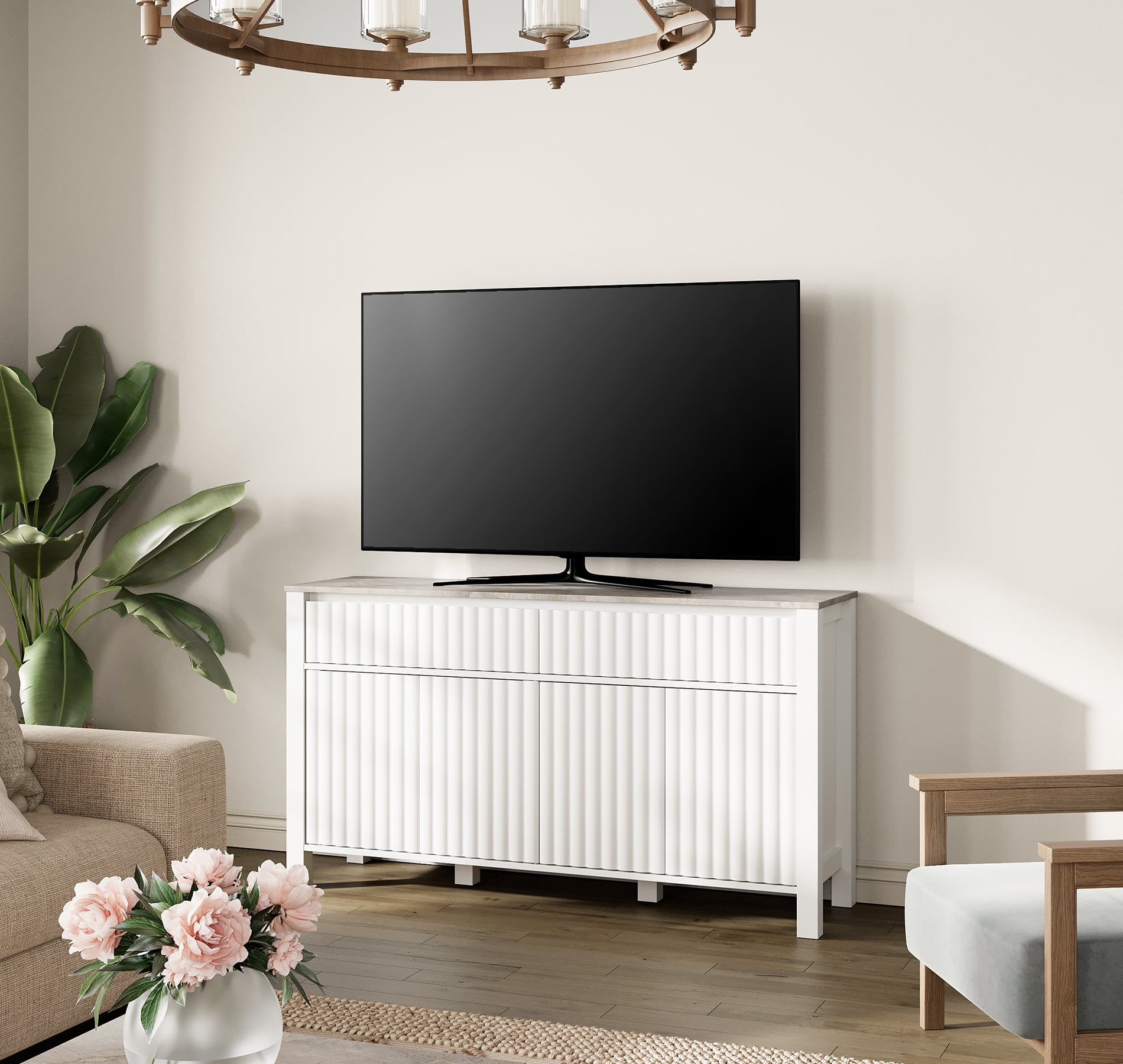 WAMPAT White Sideboard TV Stand for 65 inch TV, Modern Entertainment Center with Barn Doors and