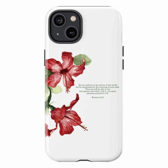 Romantic Floral Bible Verse Phone Case, Romans 12:2 Inspirational Scripture with Red Hibiscus Illustration, Elegant Artistic Protective Cover for iPhone 16 15 14 13 12 11 Pro Plus Mini