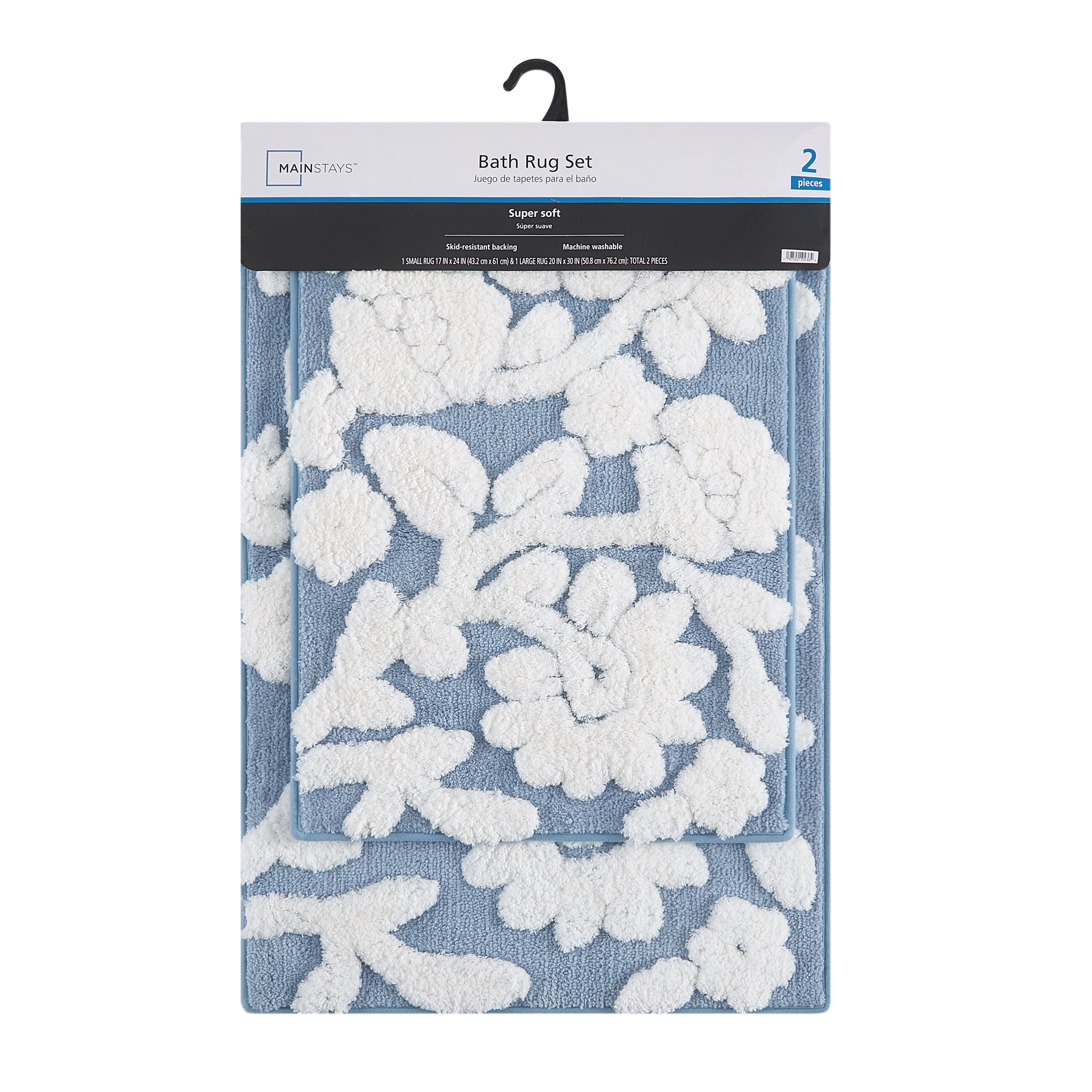 Mainstays 2-Piece Floral Bath Rug Set, Blue, 17 in x 24 in & 20 in x 30 in