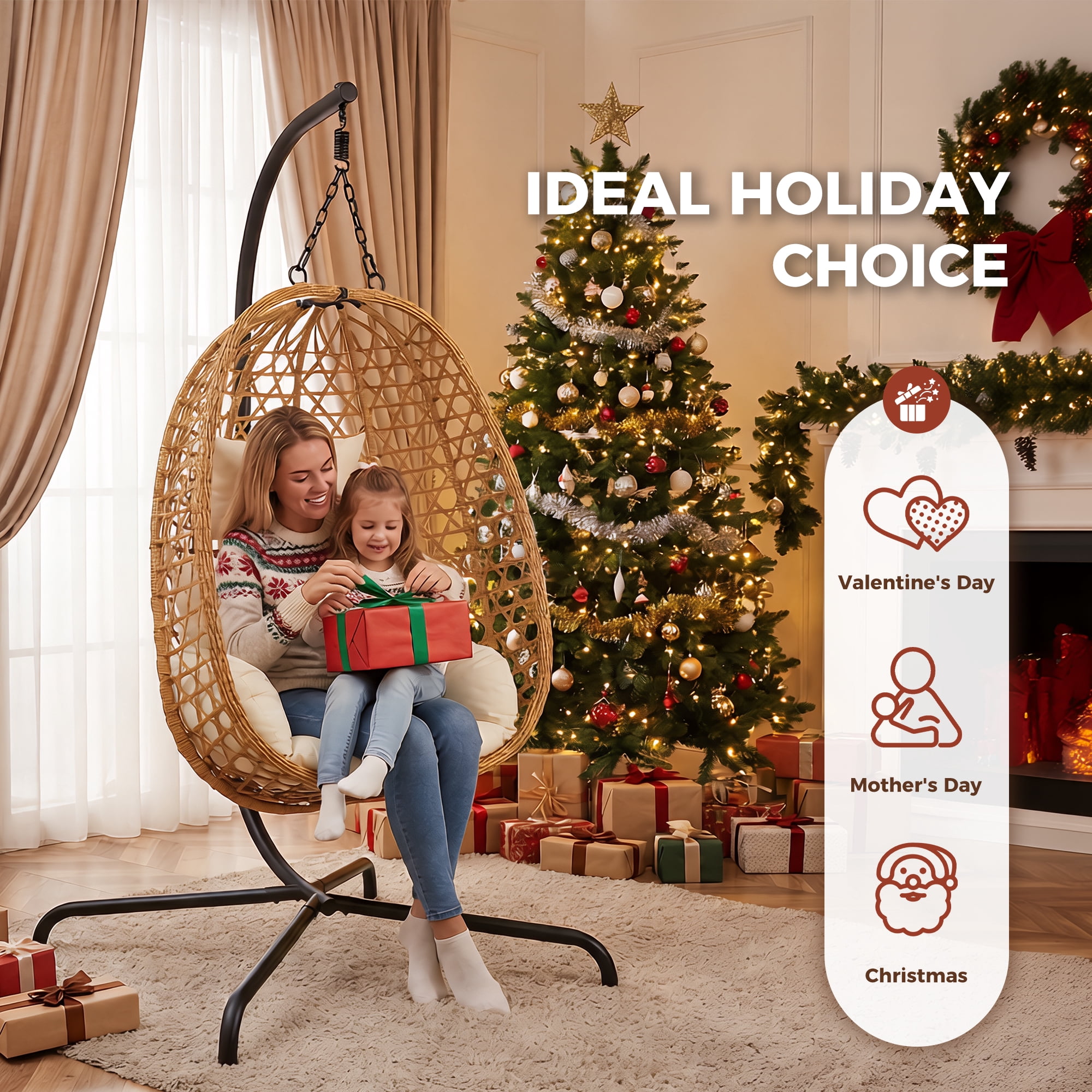 Wicker Egg Chair with Metal Stand, 350LBS Capacity Hanging Hammock Swing Chair, Ergonomic PE Rattan Lounge Chair Indoor Outdoor for Bedroom Balcony Patio Garden